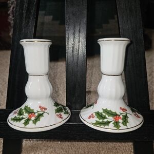 Vtg Fine Porcelain Christmas Candlesticks Christmas Holly Made in Japan set of 2
